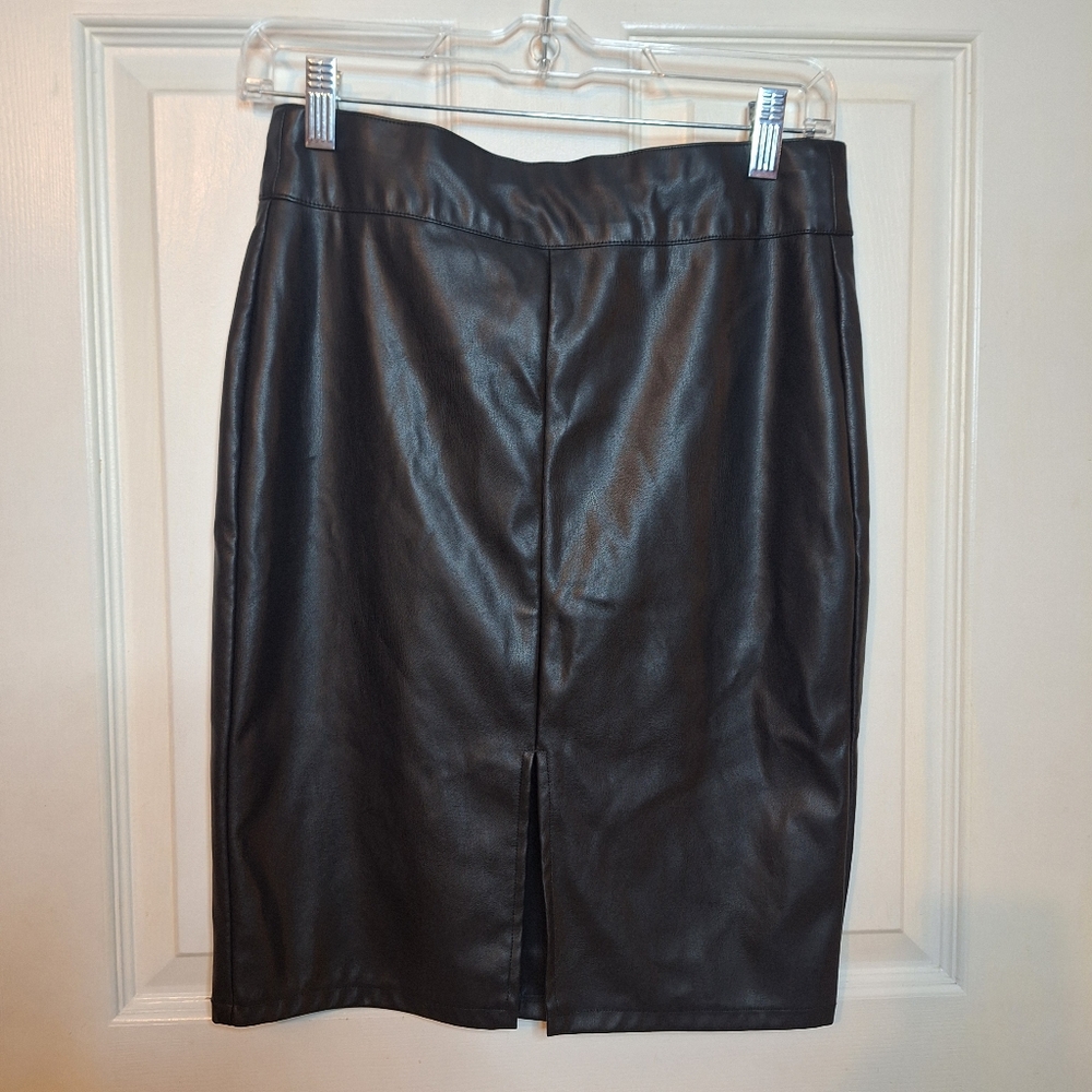 Joe B By Joe Benbasset Black Faux Leather Mini Pencil Skirt Slit Y2K Size S